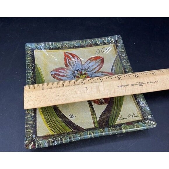 Arnie P Fisk Flower Still Glass Trinket Dish 6” Square - Picture 5 of 8
